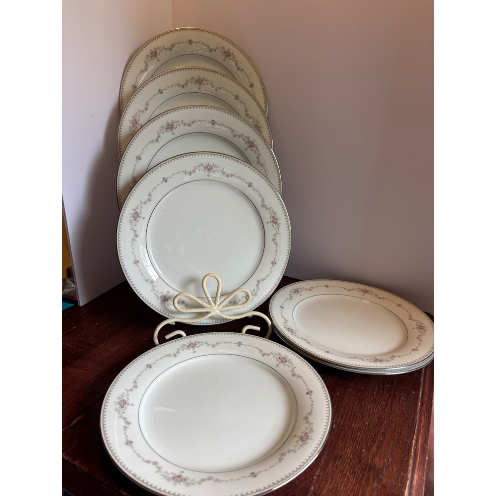 Noritake China Fairmont 6102 Dinner Plates Set of 7 Pink Floral Platinum Trim